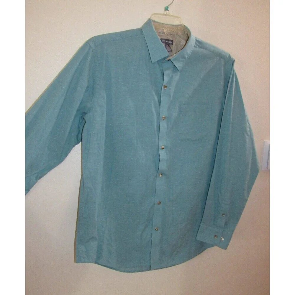 Van Heusen Shirt Mens L Green Heathered Long Sleeve Button Up 16 16.5 Contrast